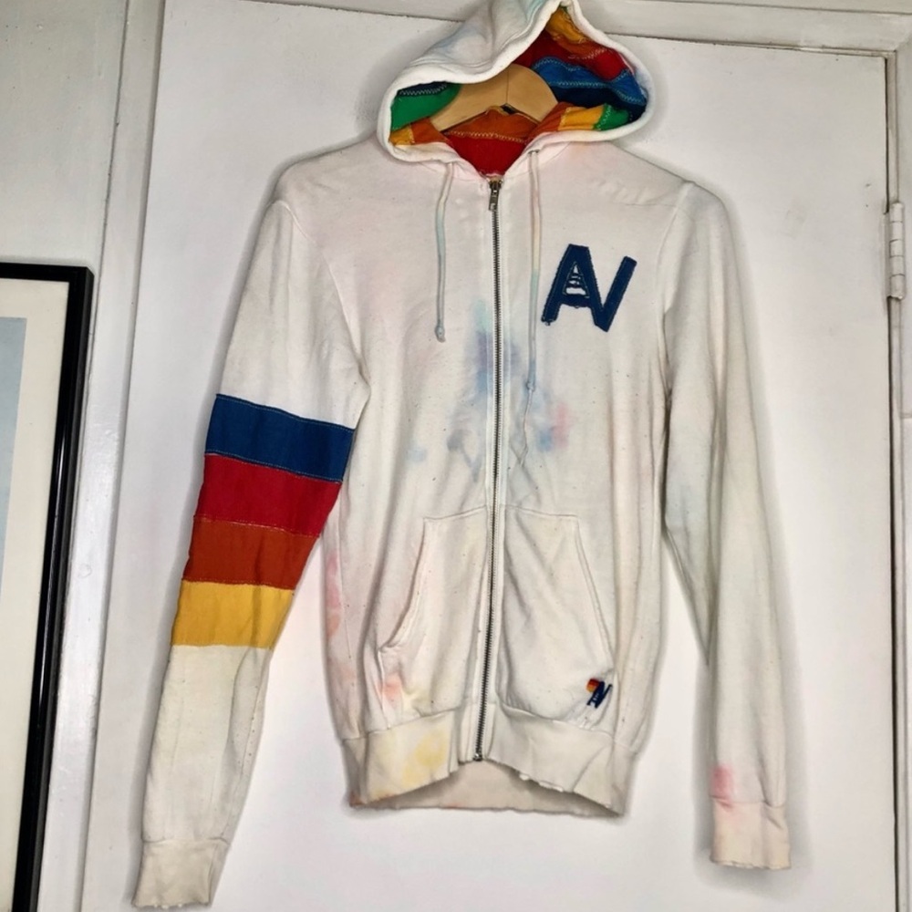 Aviator Nation Distressed Tye Dye Rainbow Zip Up Hoodie 🌈